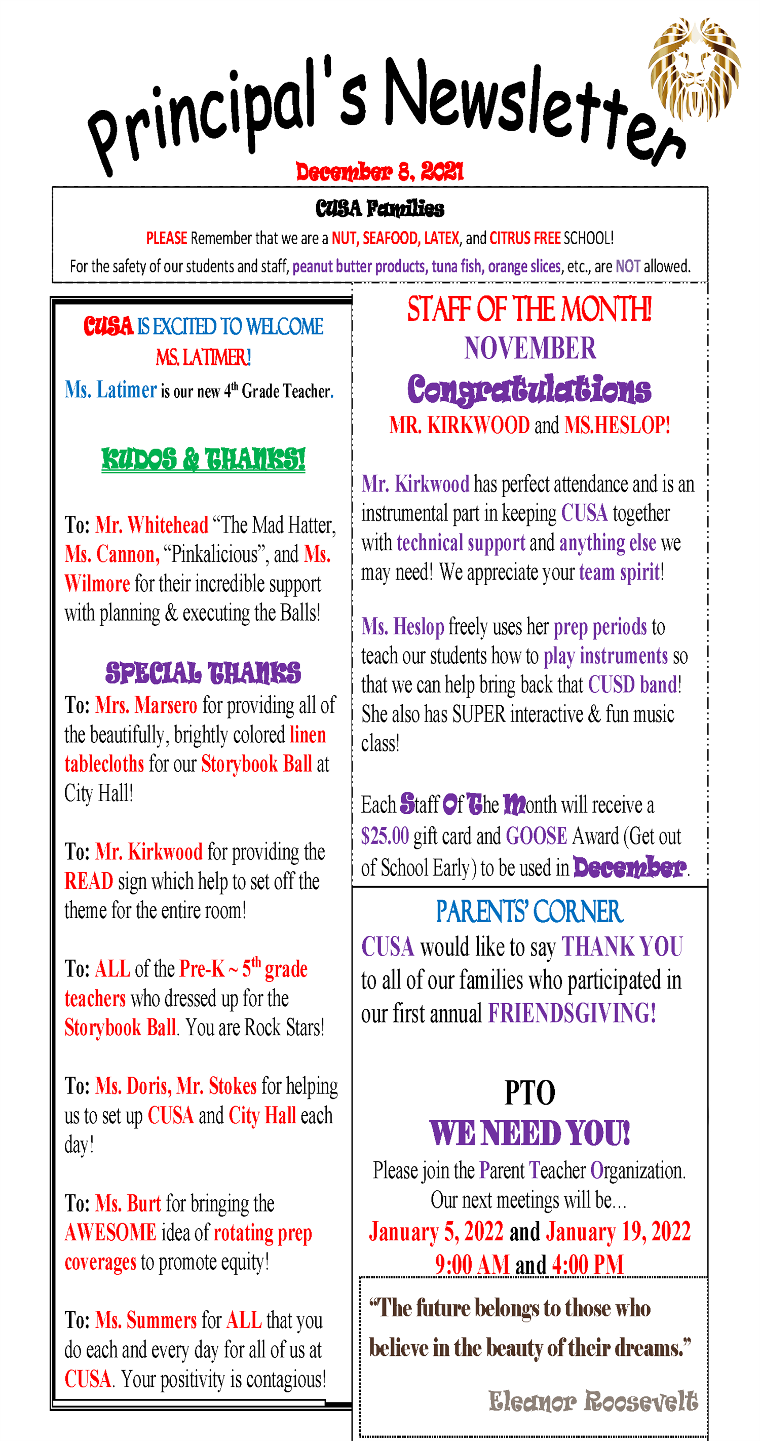 Principal's Newsletter page 1